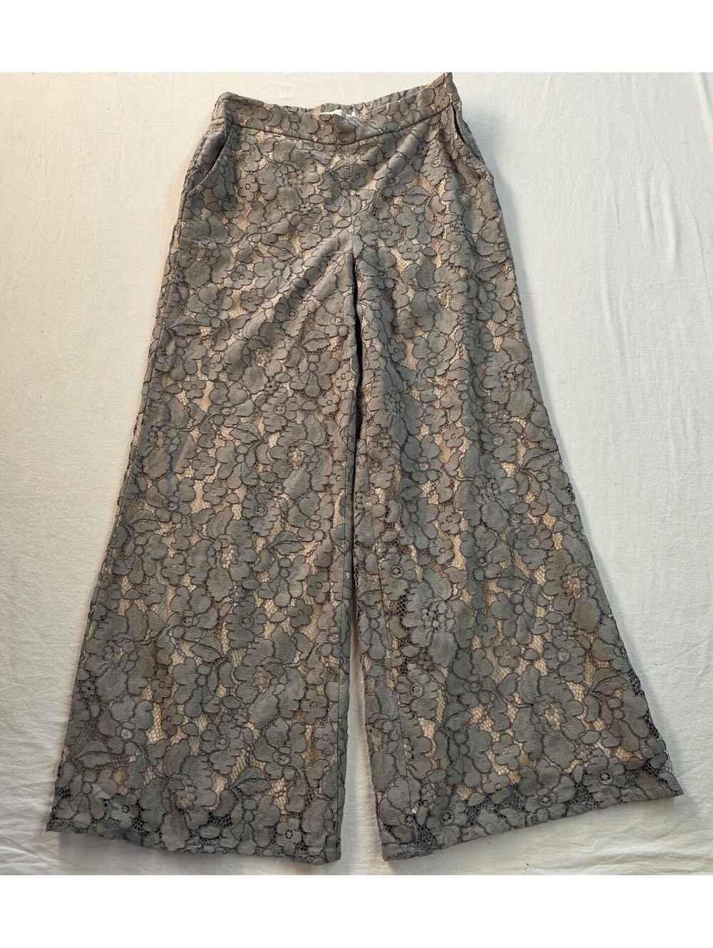 Anthropologie Feather Bone Viivi Gray Lace High Waist Palazzo Wide Leg Pants M